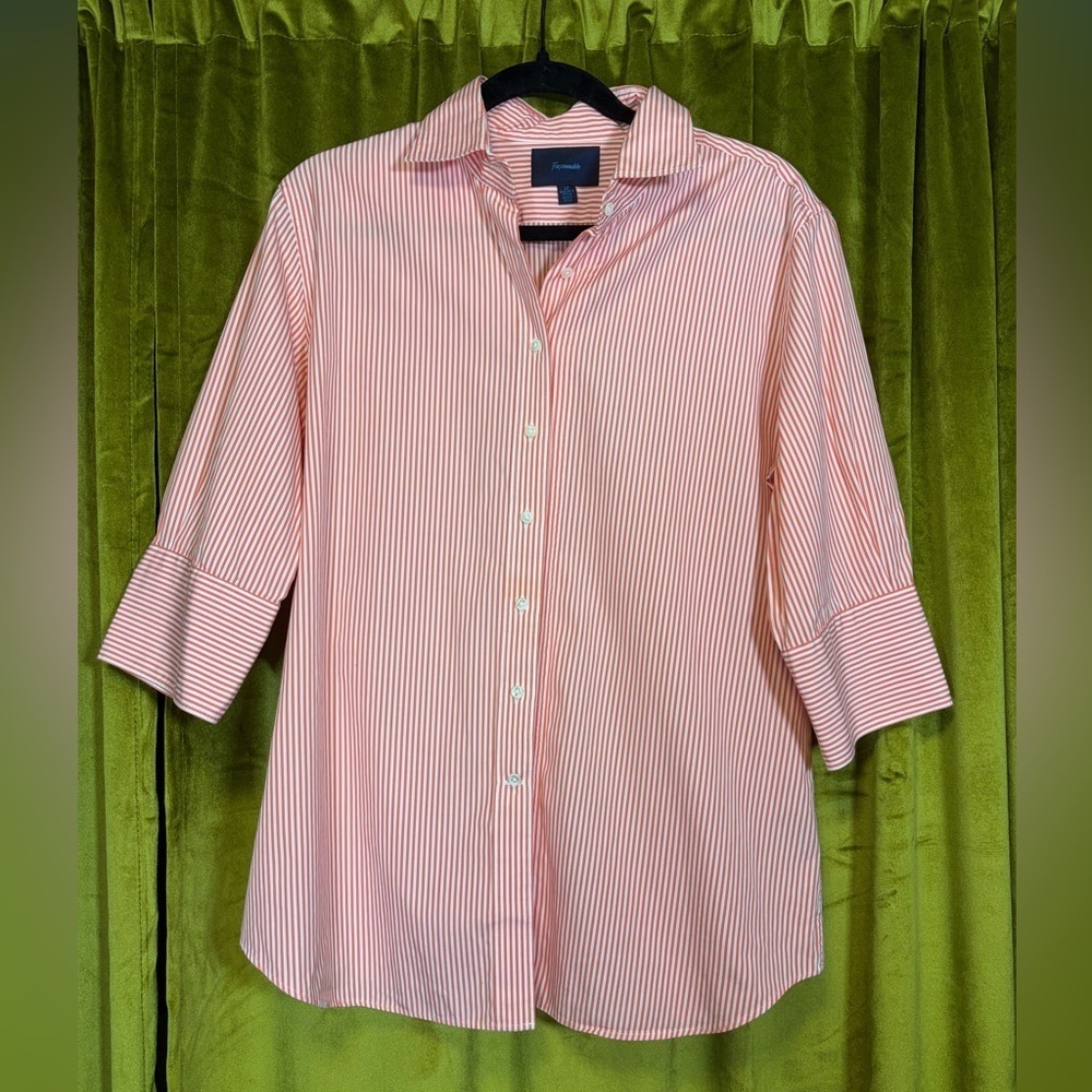 Orange & White Stripe Faconnable Collared Button Down 3/4 Sleeves Size 12 $128